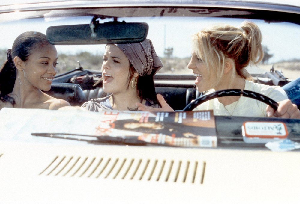 Zoe Saldana, Taryn Manning, and Britney Spears riding in car in a scene from the film 'Crossroads', 2002.