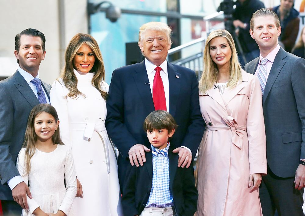 Donald Trump stands with his wife Melania Trump (center left) and from right: Eric Trump, Ivanka Trump, Donald Trump Jr. and Tiffany Trump. In the front row are Kai Trump and Donald Trump III, children of Donald Trump Jr. on April 21, 2016 in New York City.