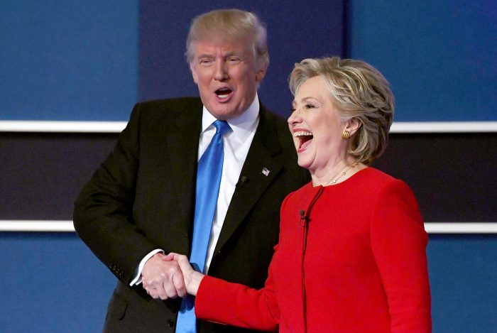Hillary Clinton shakes hands with Donald Trump after the first presidential debate at Hofstra University in Hempstead, New York, on September 26, 2016.