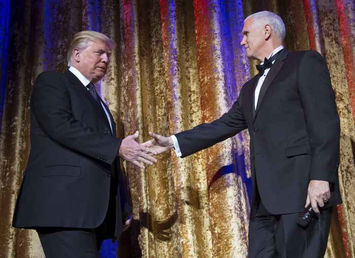 President-Elect Donald Trumps and Vice President-Elect Gov. Mike Pence (R-IN) arrive together to deliver remarks at the Chairman's Global Dinner, at the Andrew W. Mellon Auditorium in Washington, D.C. on January 17, 2017.