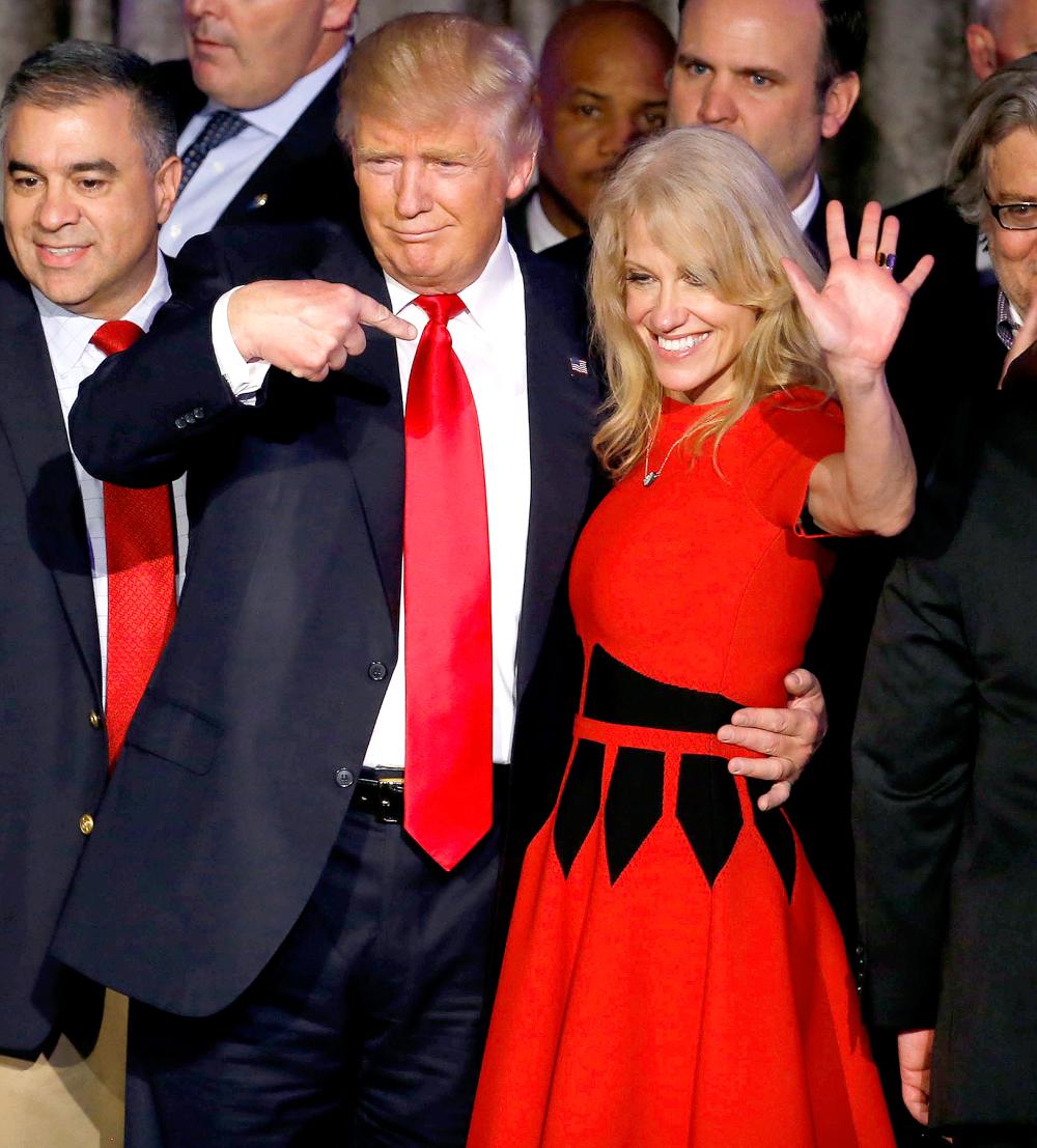 U.S. President-elect Donald Trump, center, gestures to campaign manager Kellyanne Conway, right, during an election night party at the Hilton Midtown hotel in New York, U.S., on Wednesday, Nov. 9, 2016. Trump was elected the 45th president of the United States in a repudiation of the political establishment that jolted financial markets and likely will reorder the nation's priorities and fundamentally alter America's relationship with the world.