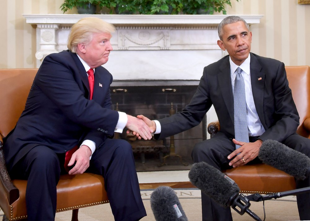 US President Barack Obama and President-elect Donald Trump shake hands during a transition planning meeting in the Oval Office at the White House on November 10, 2016 in Washington,DC.