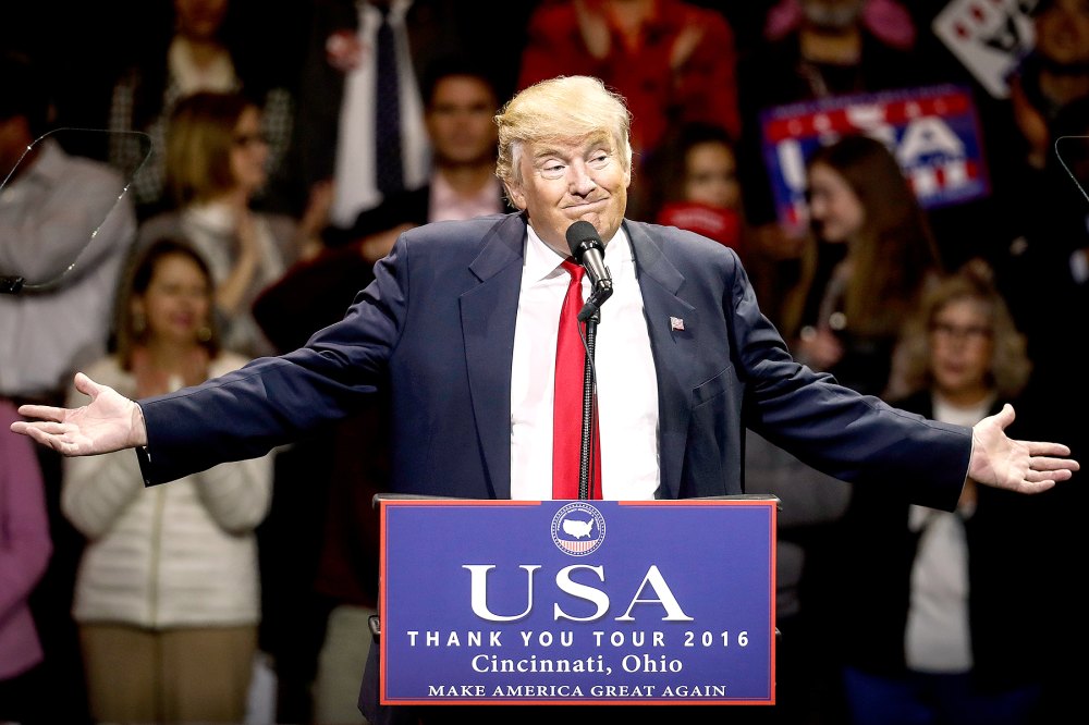 President-elect Donald Trump gestures as he speaks during the first stop of his postelection tour, Thursday, Dec. 1, 2016, in Cincinnati.