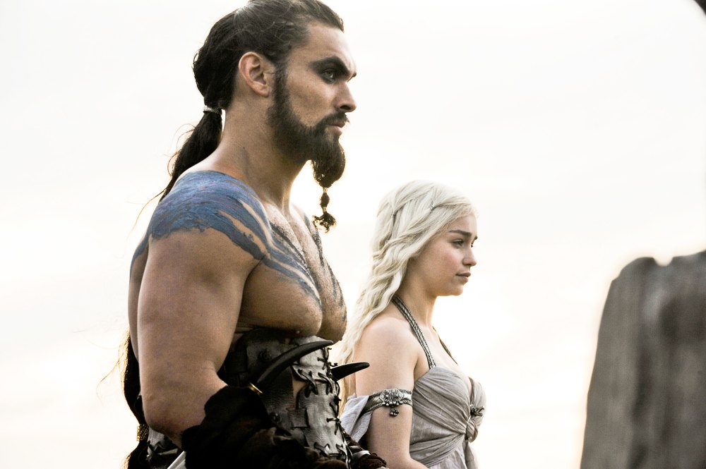 Jason Momoa and Emilia Clarke on Game of Thrones.