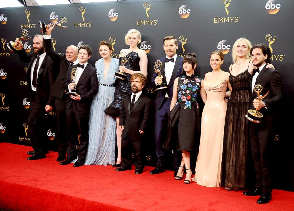 Actors Rory McCann, Conleth Hill, Iwan Rheon, Gwendoline Christie, Peter Dinklage, Nikolaj Coster-Waldau, Maisie Williams, Emilia Clarke, Sophie Turner and Kit Harington, winners of Best Drama Series for 'Game of Thrones,' pose in the press room at the 68th annual Primetime Emmy Awards.