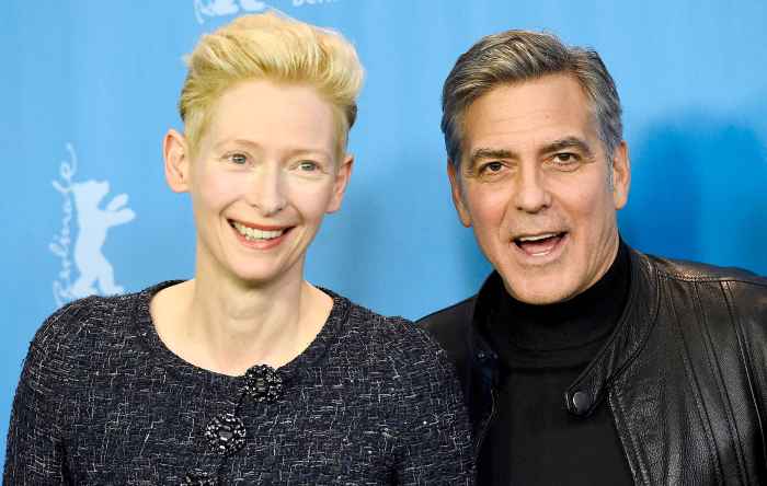 George Clooney and Tilda Swinton pose during a photo call for the film "Hail, Caesar!" screened as opening film of the 66th Berlinale Film Festival in Berlin on February 11, 2016.
