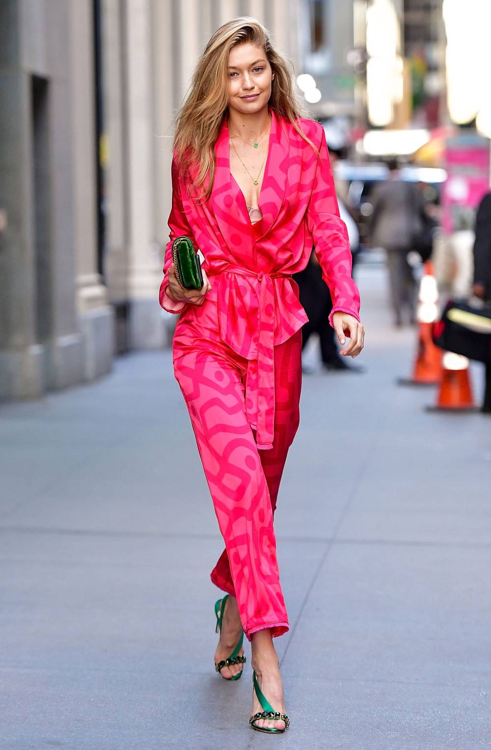 Gigi Hadid outfit of the day pink trousers