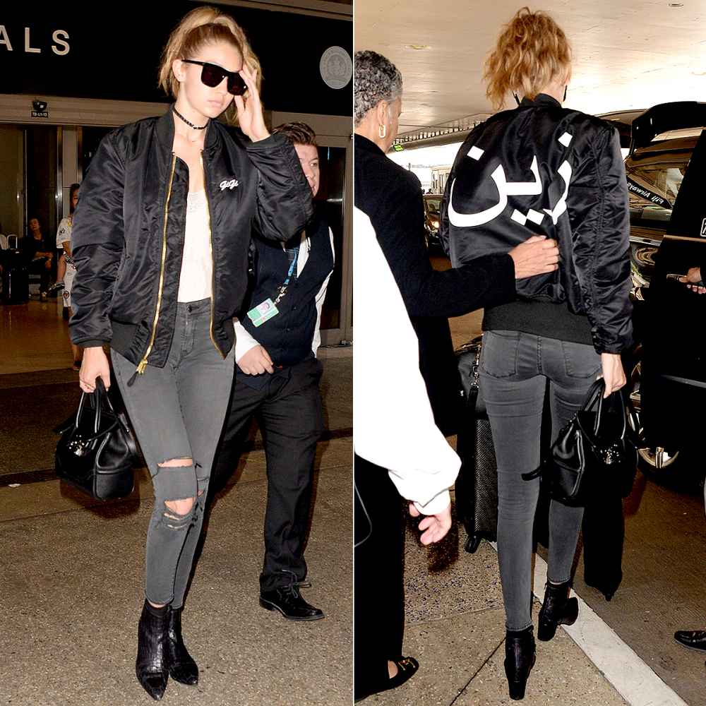 Gigi Hadid wearing a jacket with arabic inscription on it at LAX June 25, 2016.