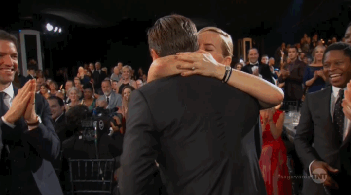 Kate Winslet and Leonardo DiCaprio hugging