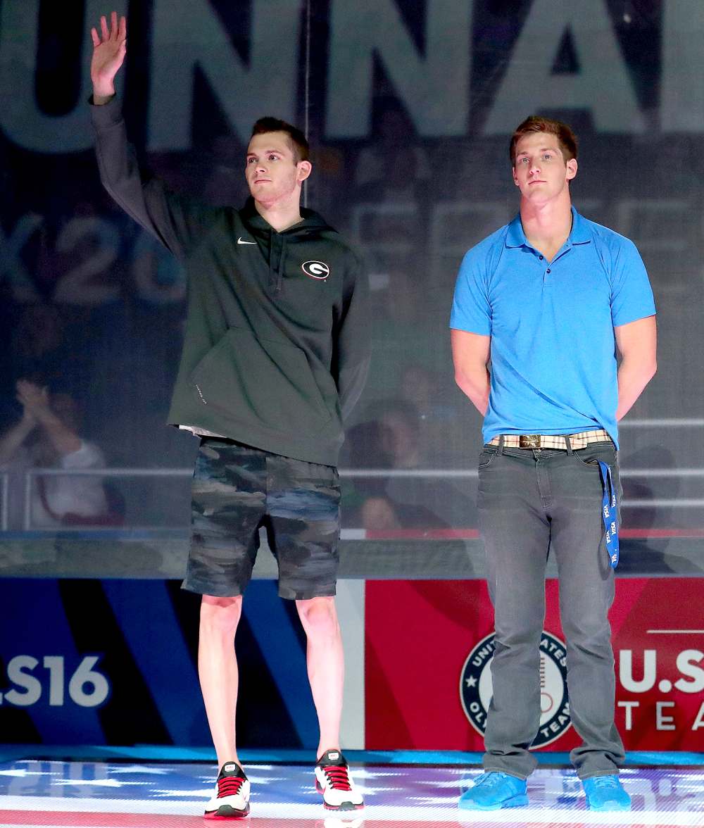 Gunnar Bentz and Jimmy Feigen of the United States participate in the medal ceremony during Day Eight of the 2016 U.S. Olympic Team Swimming Trials at CenturyLink Center on July 3, 2016 in Omaha, Nebraska.