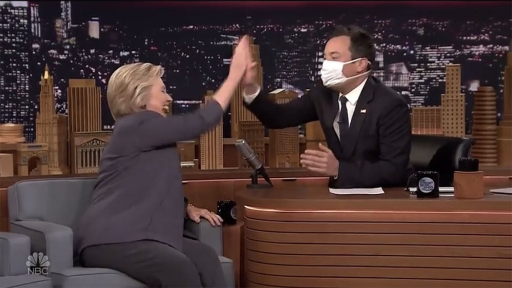 Hillary Clinton gives Jimmy Fallon a high five after he mocked her recent health scare