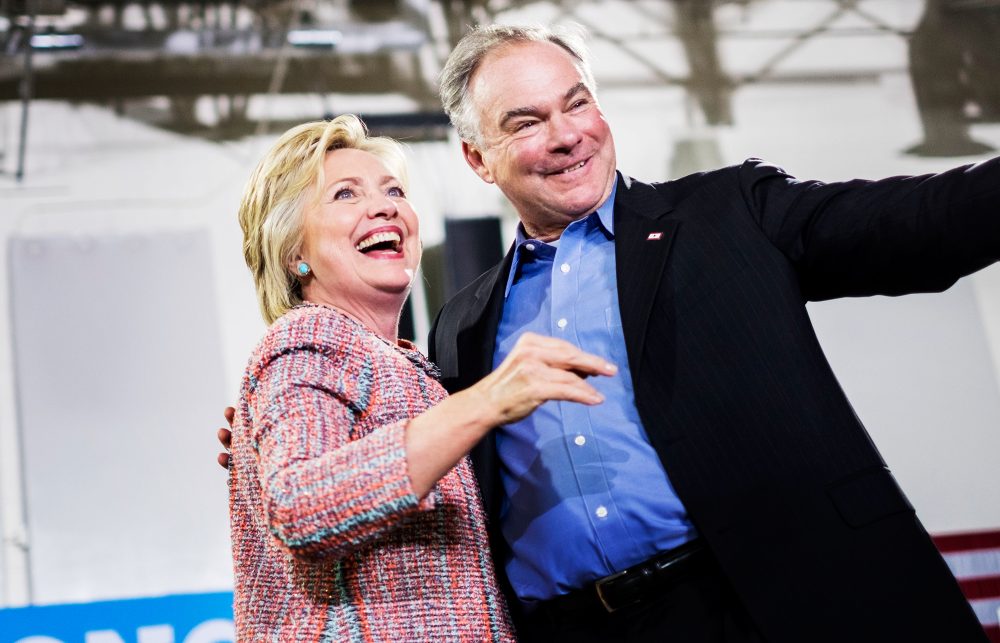 Democratic Presumptive Nominee for President former Secretary of State Hillary Clinton, accompanied by Senator Tim Kaine (D-VA), rallies at the Ernst Community Cultural Center in Annandale, Virginia on Thursday, July 14, 2016.