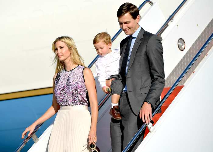 Ivanka Trump and husband Jared Kushner step off Air Force One with their child on September 15, 2017 in Morristown, New Jersey. US President Donal Trump, advisors and family are spending the weekend at Trump's Bedminster, New Jersey golf club.