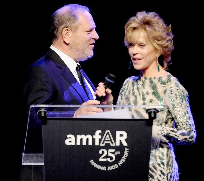 Harvey Weinstein and Jane Fonda onstage at amfAR's Cinema Against AIDS Gala during the 64th Annual Cannes Film Festival at Hotel Du Cap on May 19, 2011 in Antibes, France.
