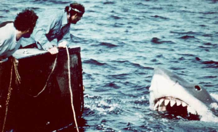 Richard Dreyfuss (left) (as marine biologist Hooper) and British author and actor Robert Shaw (as shark fisherman Quint) look off the stern of Quint's fishing boat the 'Orca' at the terrifying approach of the mechanical giant shark dubbed 'Bruce' in a scene from the film 'Jaws' directed by Steven Spielberg, 1975.
