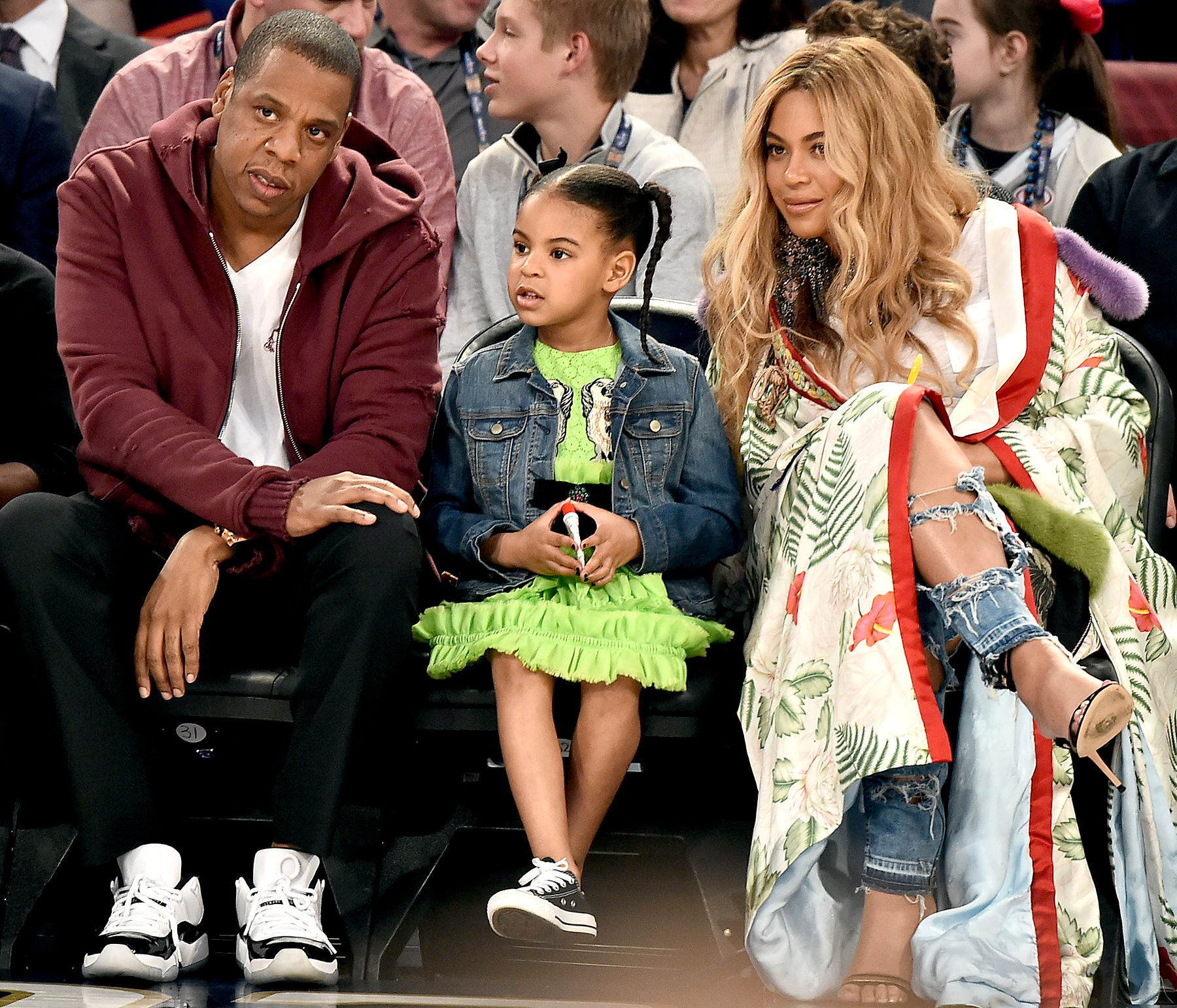 Jay Z, Blue Ivy Carter and Beyonce Knowles attend the 66th NBA All-Star Game at Smoothie King Center on February 19, 2017 in New Orleans, Louisiana.