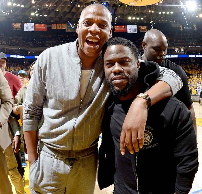 Jay-Z and Kevin Hart are seen at the game between the Golden State Warriors and the Cleveland Cavaliers during Game One of the 2017 NBA Finals at Oracle Arena on June 1, 2017 in Oakland, California.