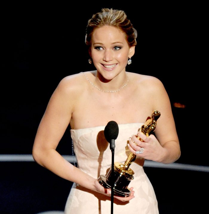 Best Actress winner Jennifer Lawrence addresses the audience onstage at the 85th Annual Academy Awards on February 24, 2013 in Hollywood, California.