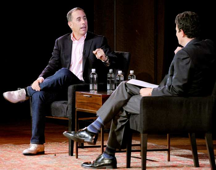 Jerry Seinfeld and David Remnick speak onstage during the 2017 New Yorker Festival at New York Society for Ethical Culture on October 6, 2017 in New York City.