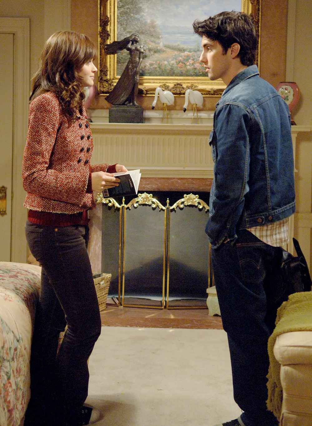 Alexis Bledel as Rory Gilmore and Milo Ventimiglia as Jess on Gilmore Girls.
