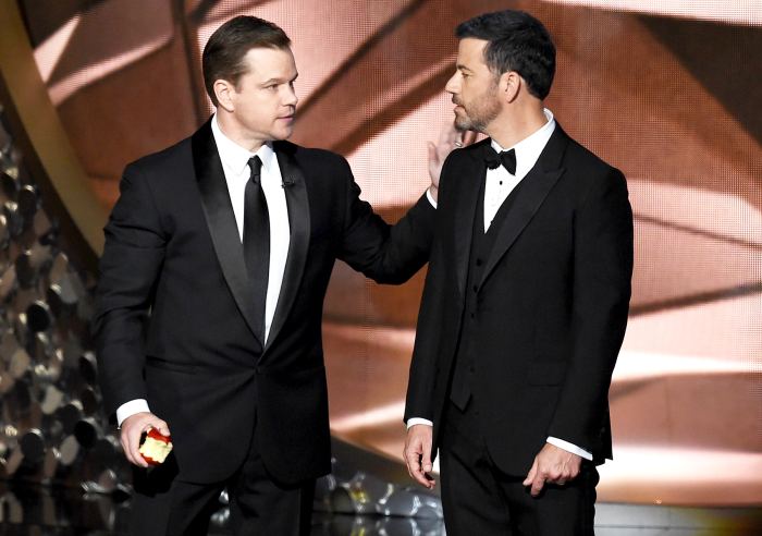 Matt Damon (L) and host Jimmy Kimmel speak onstage during the 68th Annual Primetime Emmy Awards at Microsoft Theater on September 18, 2016 in Los Angeles, California.