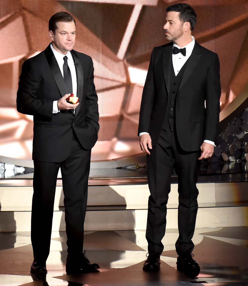 Matt Damon and host Jimmy Kimmel speak onstage during the 68th Annual Primetime Emmy Awards at Microsoft Theater on September 18, 2016 in Los Angeles, California.