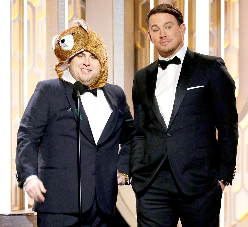 Jonah Hill and Channing Tatum on stage during the 73rd Annual Golden Globe Awards.