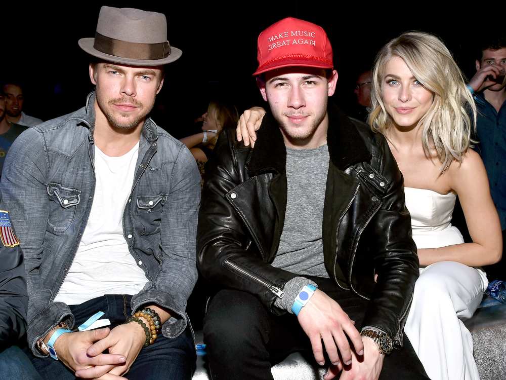 Derek Hough, Nick Jonas and Julianne Hough attend the DirecTV Super Saturday Night co-hosted by Mark Cuban's AXS TV at Pier 70 on February 6, 2016.