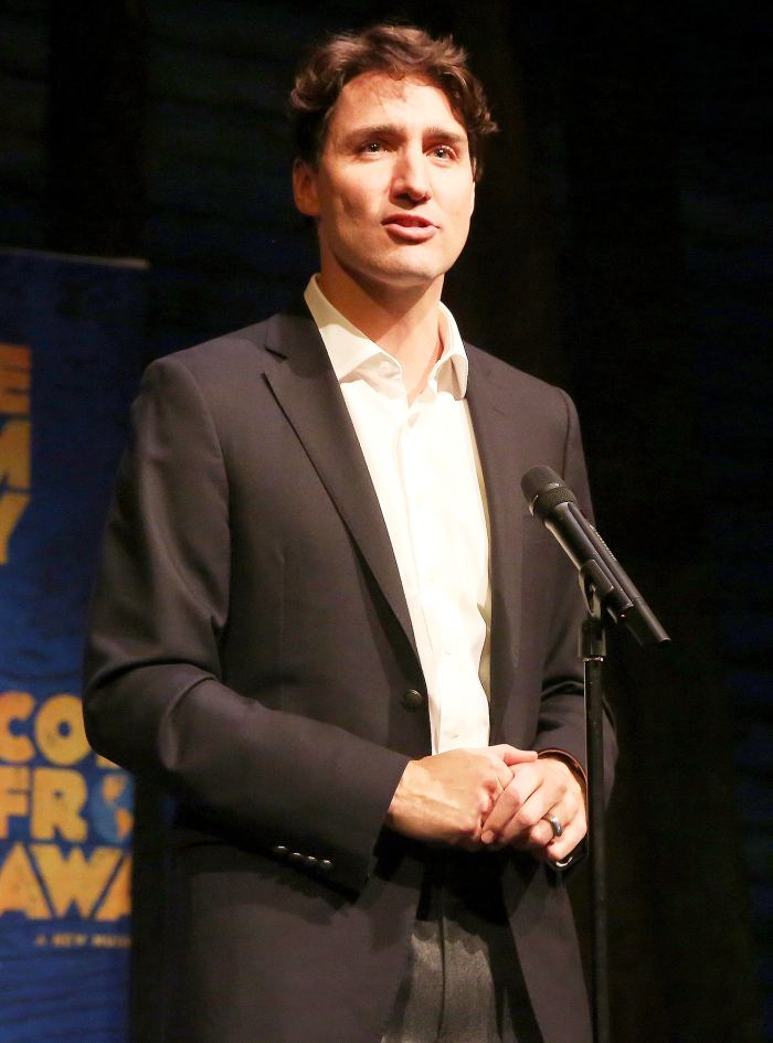 Canadian Prime Minister Justin Trudeau makes a welcoming introduction before the hit musical "Come from Away" on Broadway at The Schoenfeld Theatre on March 15, 2017 in New York City.