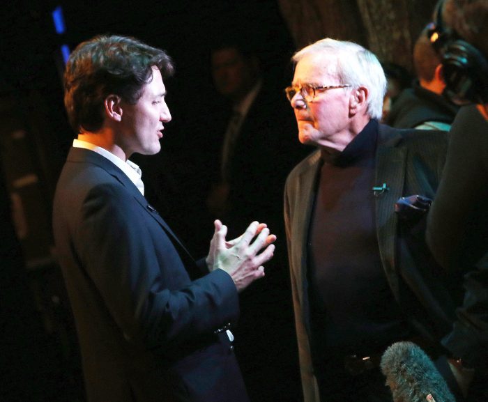 Canadian Prime Minister Justin Trudeau and Television Journalist/Author Tom Brokaw chat backstage at the hit musical "Come from Away" on Broadway at The Schoenfeld Theatre on March 15, 2017 in New York City