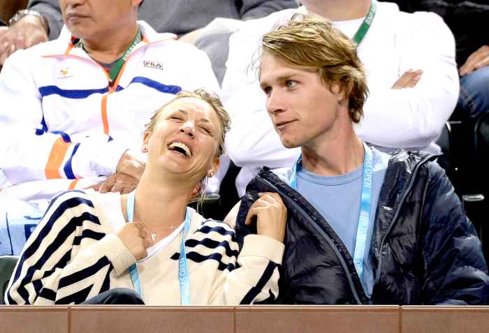 Kaley Cuoco and equestrian Karl Cook attend Bob and Mike Bryan of United States' doubles match against Rafael Nadal and Fernando Verdasco of Spain during day six of the BNP Paribas Open at Indian Wells Tennis Garden on March 12, 2016 in Indian Wells, California.