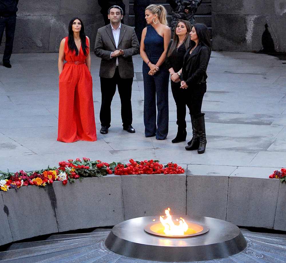 Kim Kardashian and her sister Khloe visit the genocide memorial, which commemorates the 1915 mass killing of Armenians in the Ottoman Empire, in Yerevan on April 10, 2015.