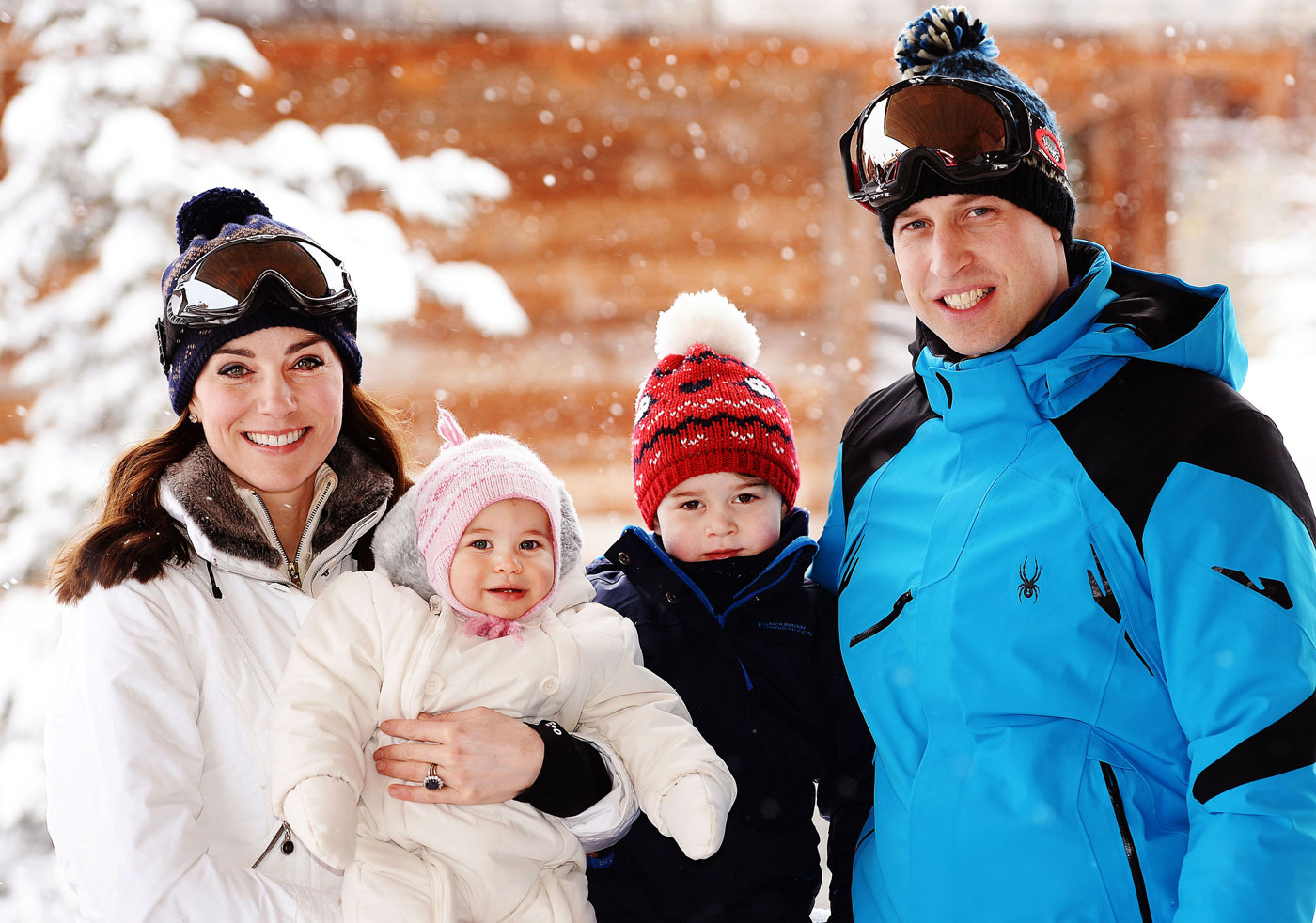 Catherine, Duchess of Cambridge and Prince William, Duke of Cambridge, with their children, Princess Charlotte and Prince George, enjoy a short private skiing break on March 3, 2016 in the French Alps