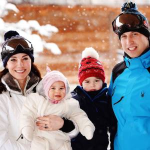 Catherine, Duchess of Cambridge and Prince William, Duke of Cambridge, with their children, Princess Charlotte and Prince George, enjoy a short private skiing break on March 3, 2016 in the French Alps