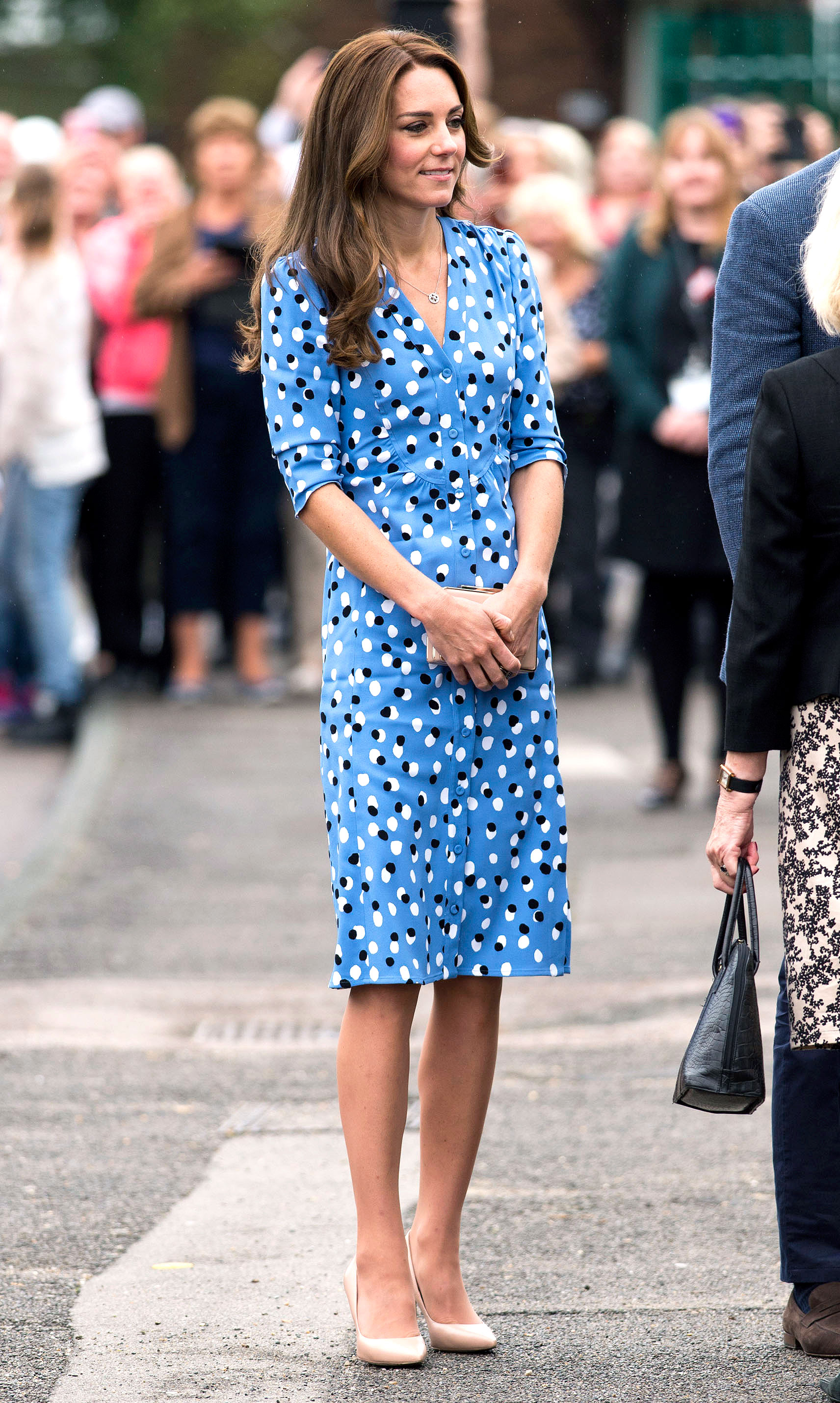 Kate Middleton Flashes Legs in Blue Printed Slit Dress