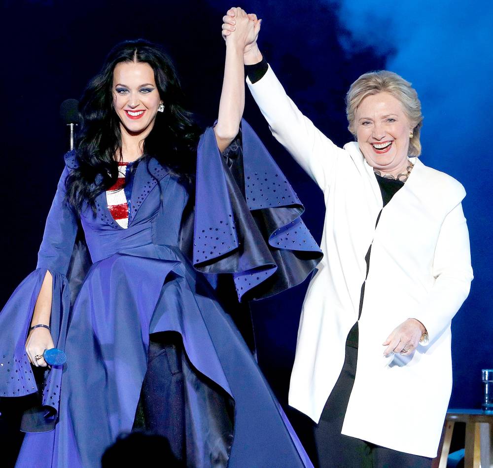 Katy Perry and Hillary Clinton attend a GOTV rally at Mann Center For Performing Arts on November 5, 2016 in Philadelphia, Pennsylvania.