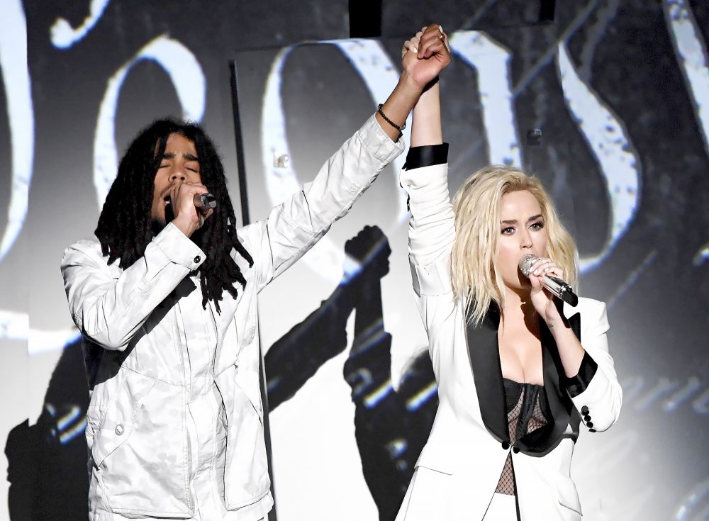 Skip Marley and Katy Perry perform onstage during The 59th GRAMMY Awards.