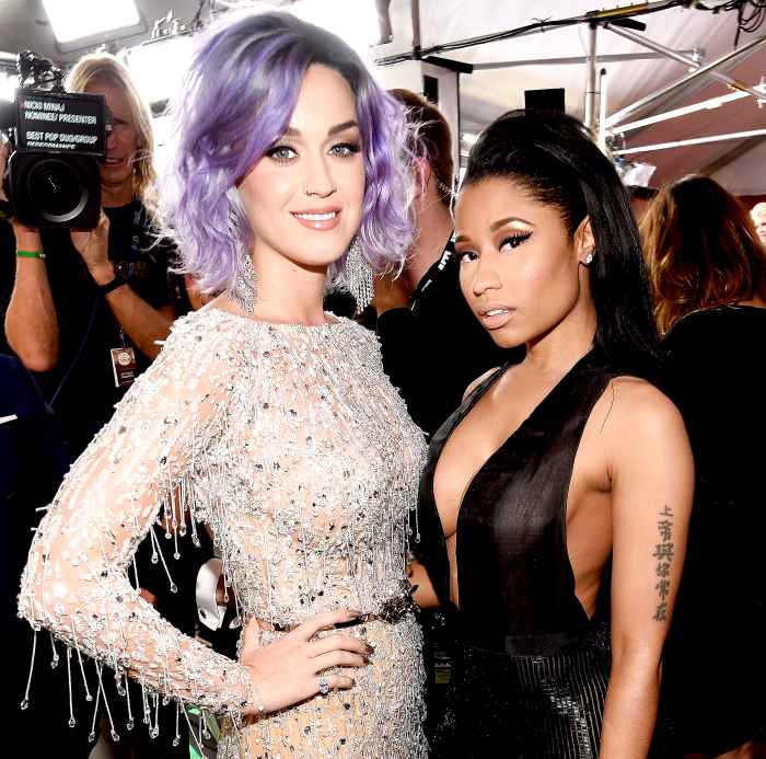 Katy Perry and Nicki Minaj attend The 57th Annual GRAMMY Awards at the STAPLES Center on February 8, 2015 in Los Angeles, California.