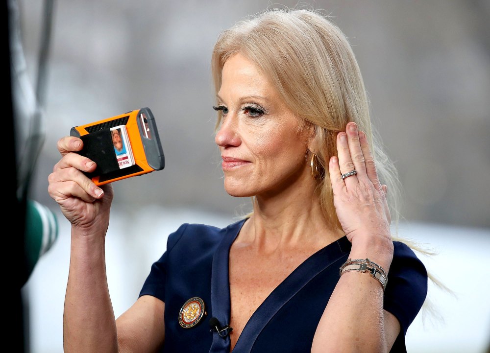 Counselor to President, Kellyanne Conway, prepares to appear on the Sunday morning show Meet The Press, from the north lawn at the White House, January 22, 2017 in Washington, DC.