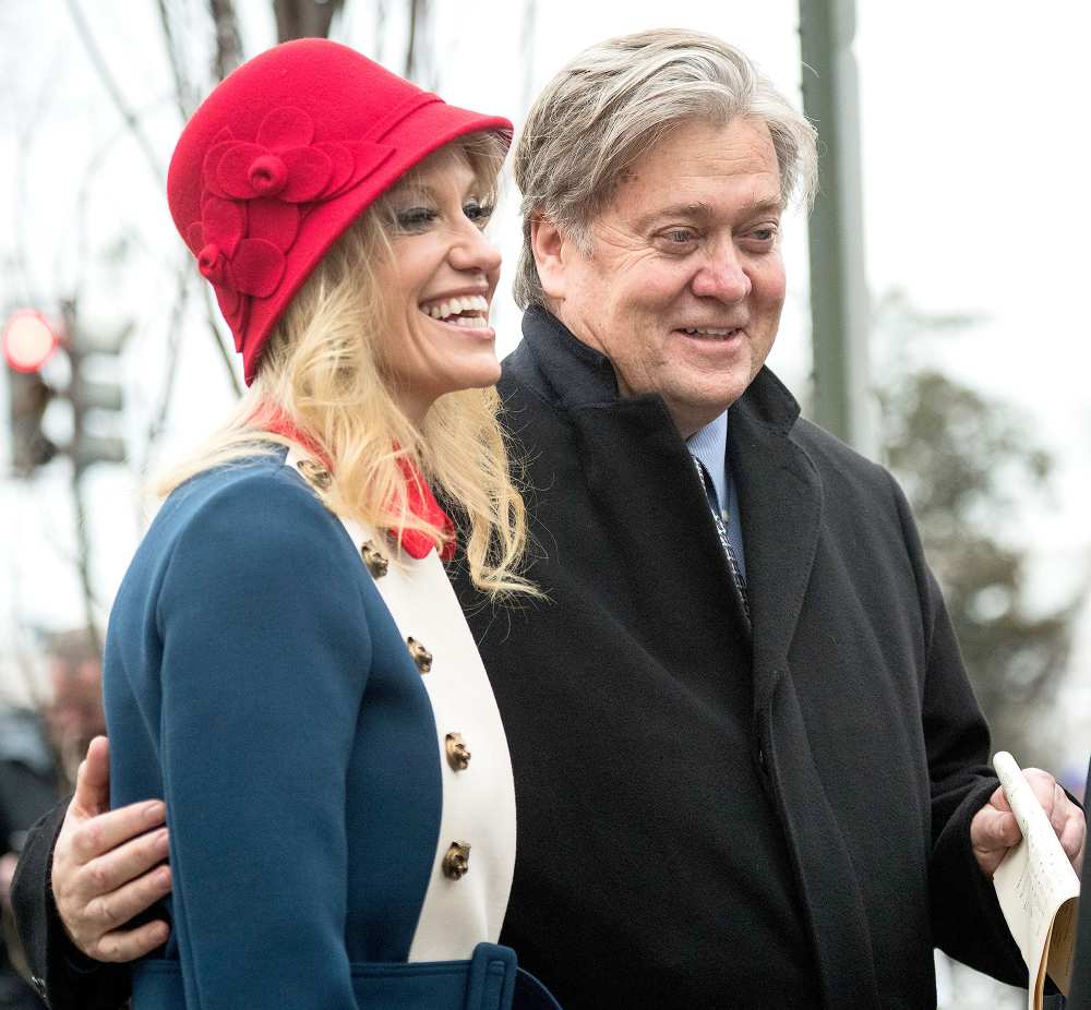 Kellyanne Conway and Steve Bannon talk after a morning worship service on Inauguration day at St. John's Episcopal Church in Washington, DC on Friday, Jan. 20, 2017