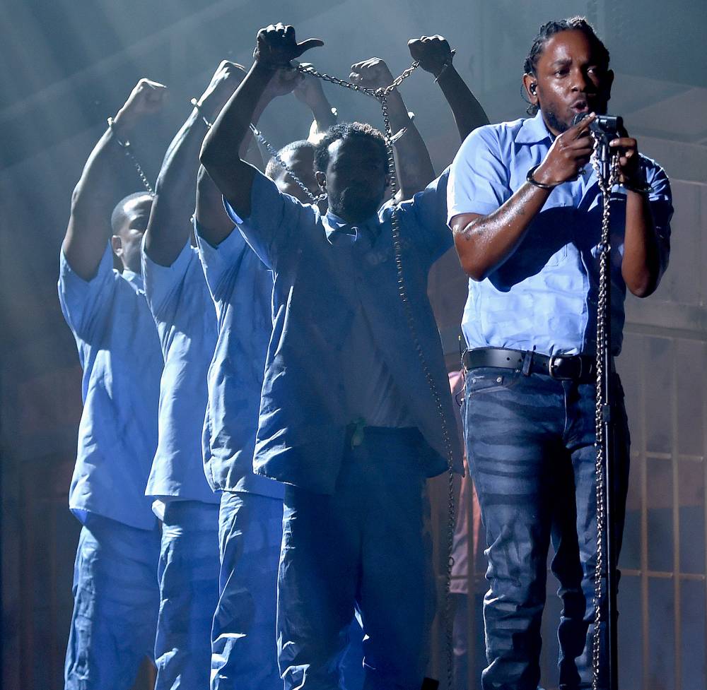Kendrick Lamar performs onstage during The 58th GRAMMY Awards.