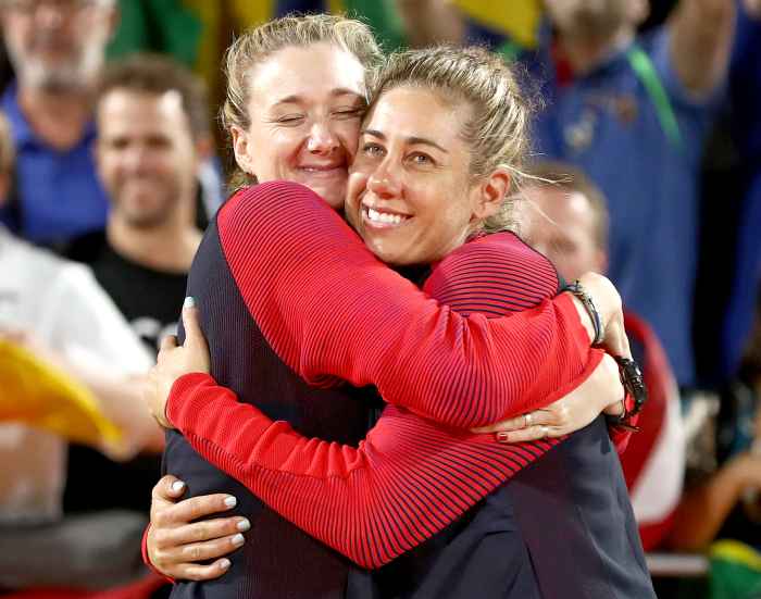Bronze medalists Kerri Walsh Jennings and April Ross of the United States pose on the podium during the medal ceremony for the Women's Beach Volleyball on day 12 of the Rio 2016 Olympic Games at the Beach Volleyball Arena on August 17, 2016 in Rio de Janeiro, Brazil.