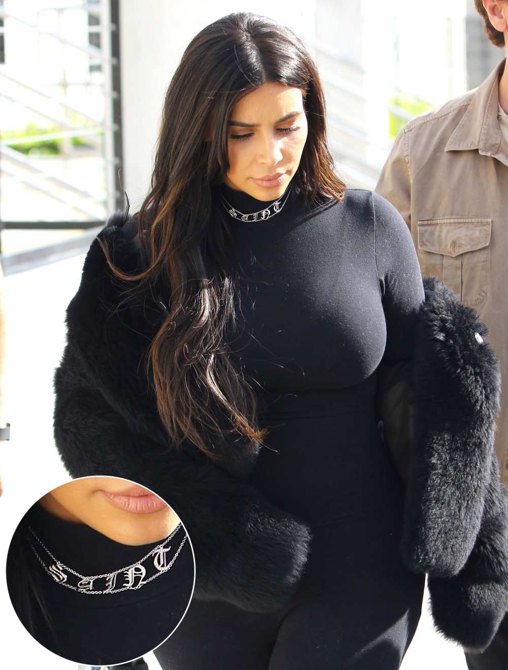 Kim Kardashian Wears Diamond 'Saint' Necklace With Skintight Bodysuit