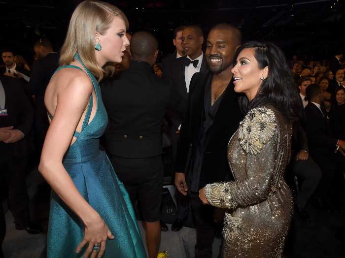 Taylor Swift, Kanye West and Kim Kardashian attend The 57th Annual GRAMMY Awards.