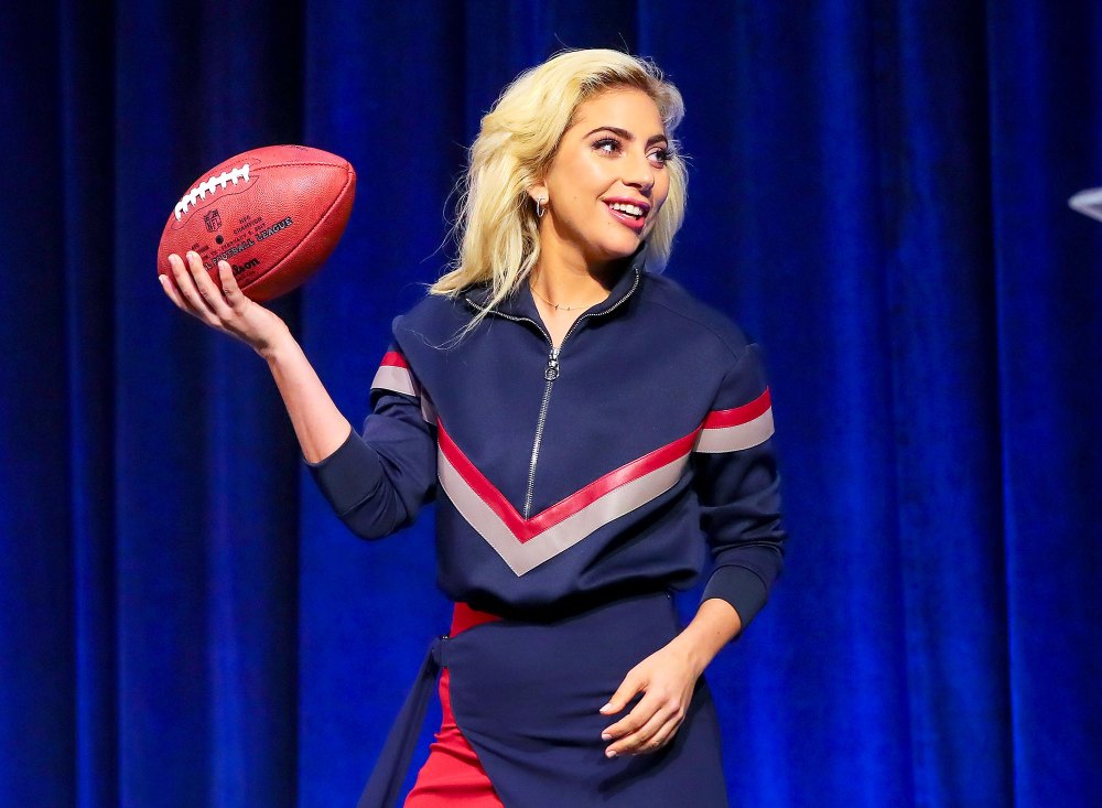 Lady Gaga holds a Super Bowl LI football during the Super Bowl LI Pepsi Zero Halftime Show press conference on February 02, 2017, at the George R Brown Convention Center in Houston, TX.