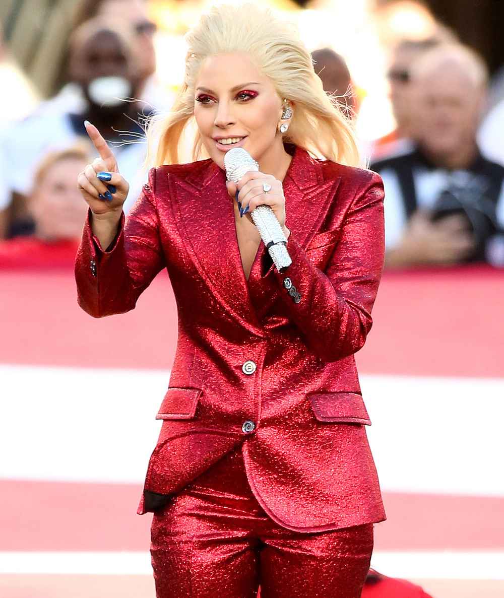 Lady Gaga sings the National Anthem at Super Bowl 50 at Levi's Stadium on February 7, 2016 in Santa Clara, California.