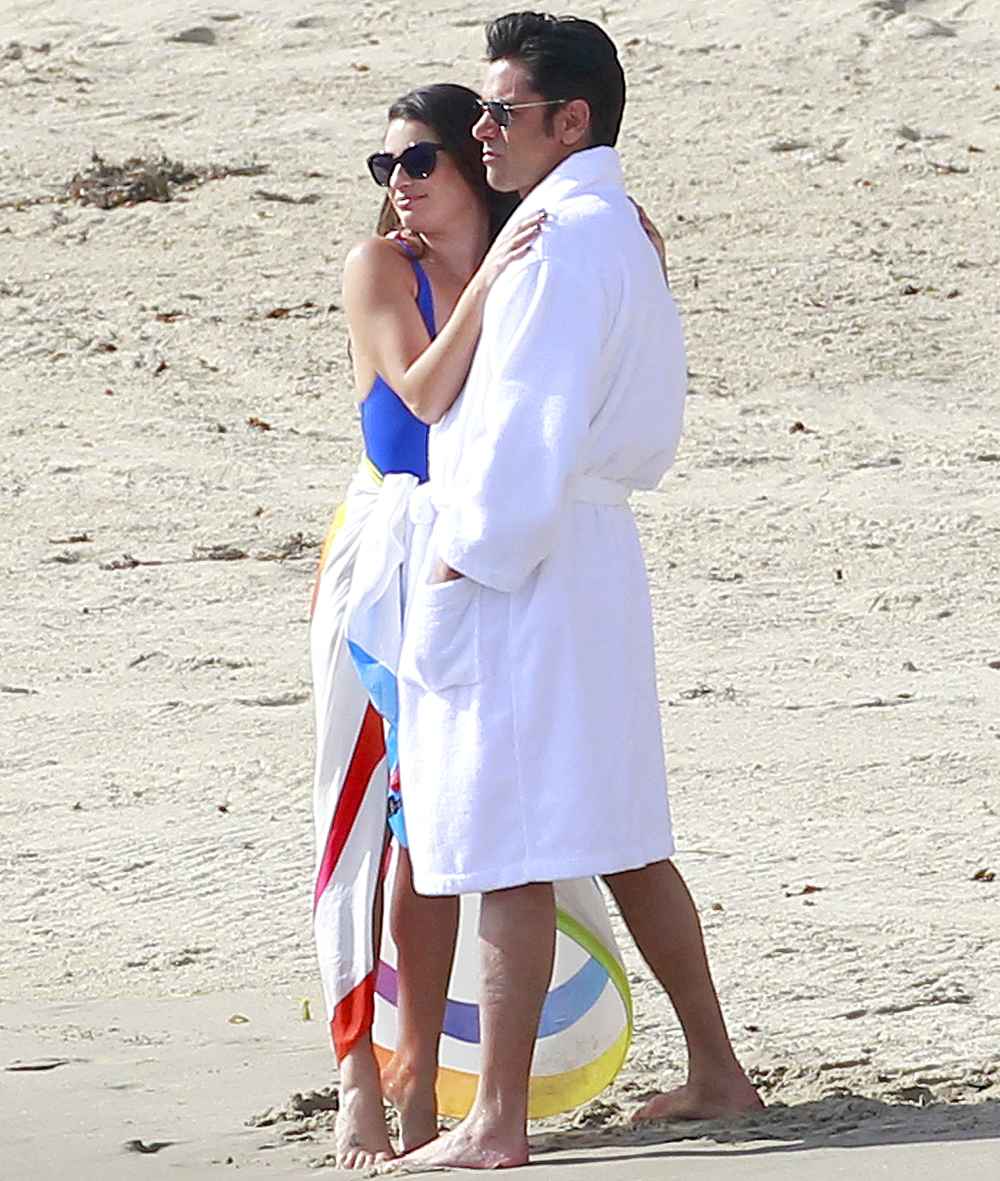Lea Michele and John Stamos filming the season 2 finale of Scream Queens in Malibu.