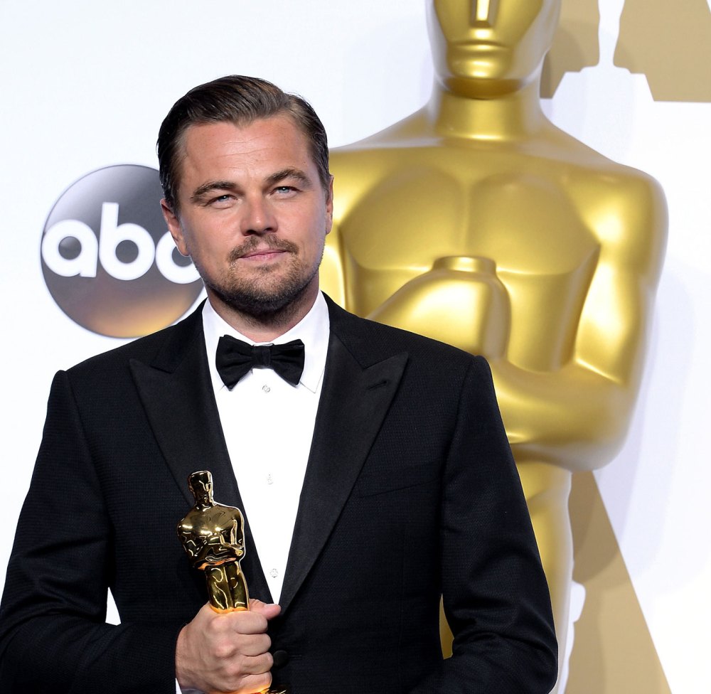 Leonardo DiCaprio poses in the press room backstage at the Oscars 2016 in Los Angeles
