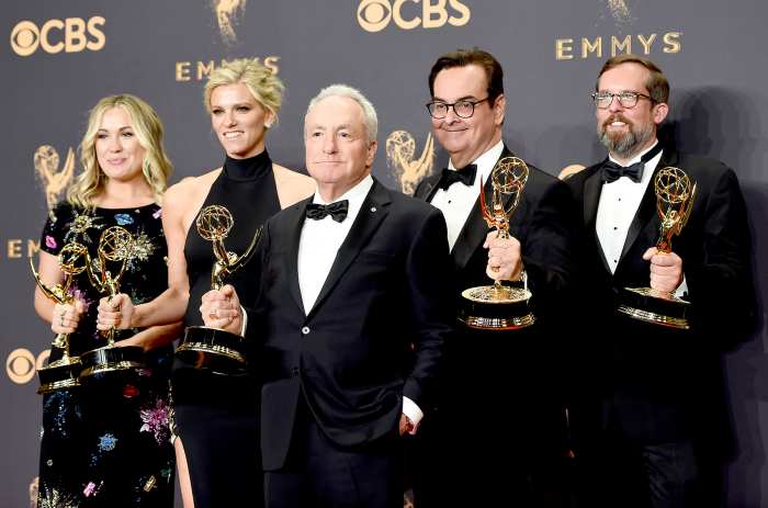 Producers Erin Doyle, Lindsay Shookus, Lorne Michaels, Steve Higgins, and Erik Kenward, winners of Outstanding Variety/Sketch Series for 'Saturday Night Live,' pose in the press room during the 69th Annual Primetime Emmy Awards at Microsoft Theater on September 17, 2017 in Los Angeles, California.