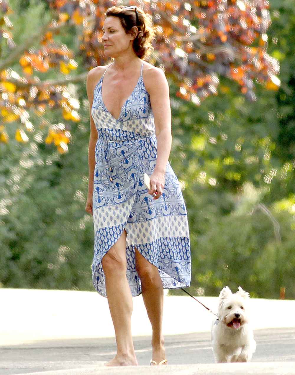 Countess Luann De Lesseps walking her dog with a friend in the Hamptons on August 23, 2017. MATT AGUDO/INSTARimages.com